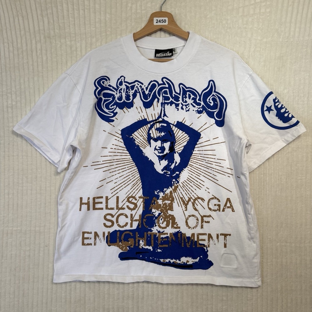 Hellstar T Shirt "Hellstar Yoga School Of Enlightenment" Sz Medium White & Blue
